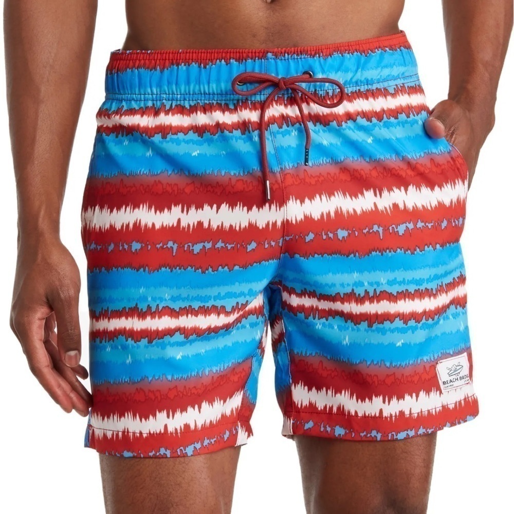 BEACH BROS Swim Trunks Acid Stripes Swimming Red Blue Size XL Beach